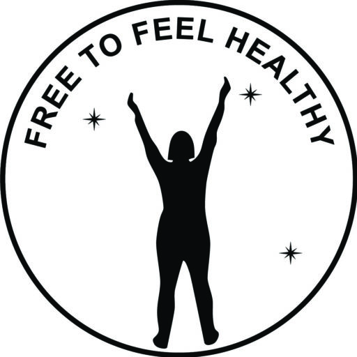 Silhouette of a woman reaching up to the sky with the words "free to feel healthy"