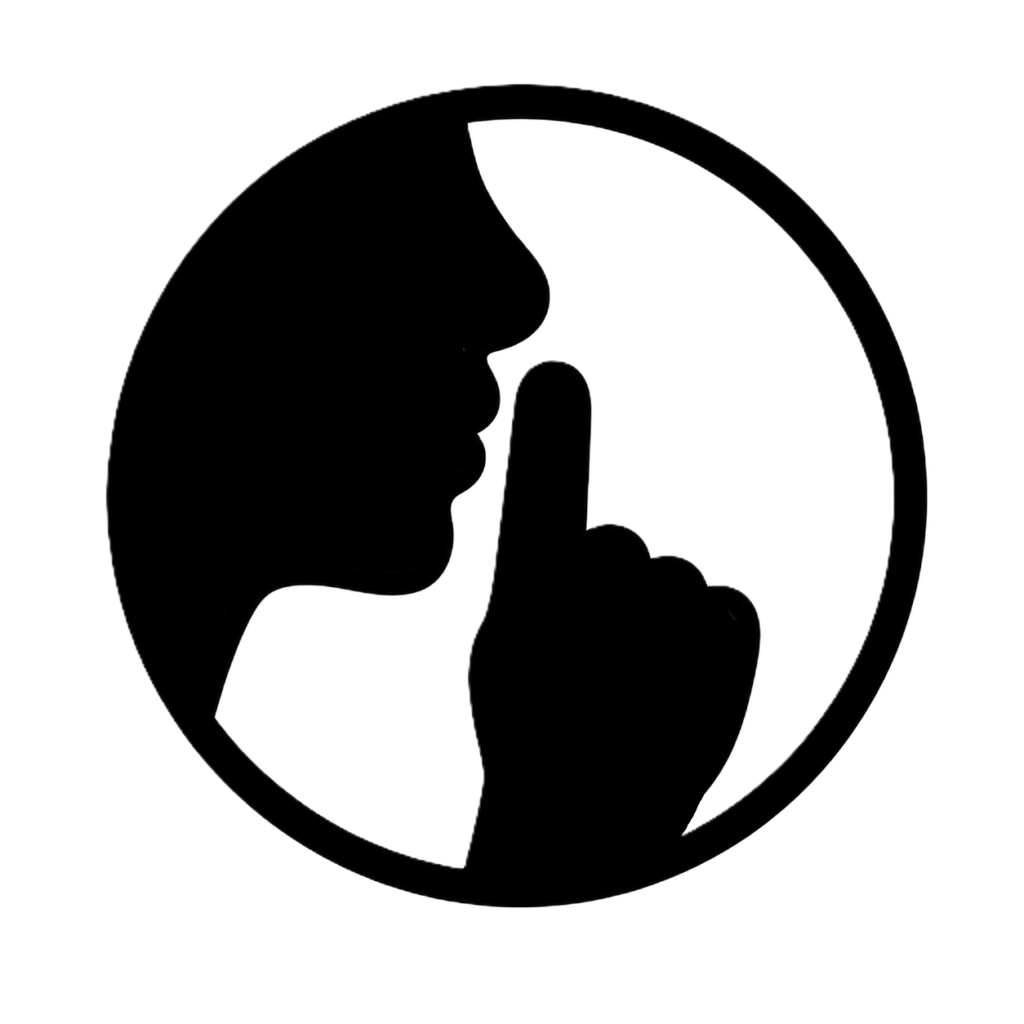 Black and White icon of someone shushing with their index finger by their lips
